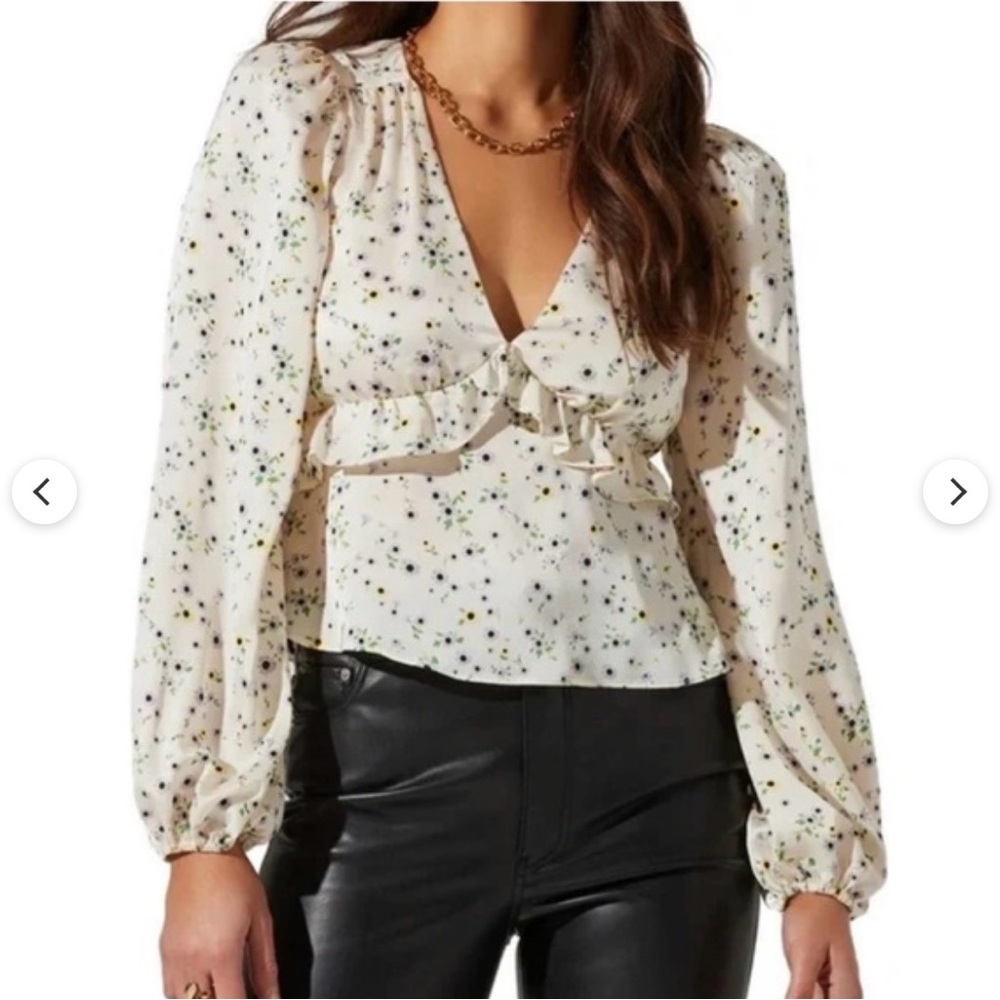 Astr Floral Peplum V-Neck Blouse - Cream with Green & Navy